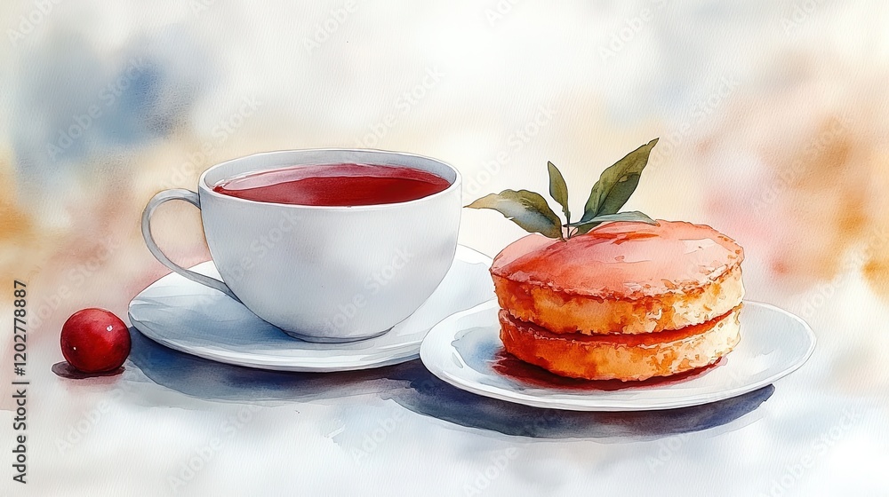 A serene tea setting with a cup and a layered cake, evoking comfort and relaxation. A serene tea setting with a cup and a layered cake, evoking comfort and relaxation.