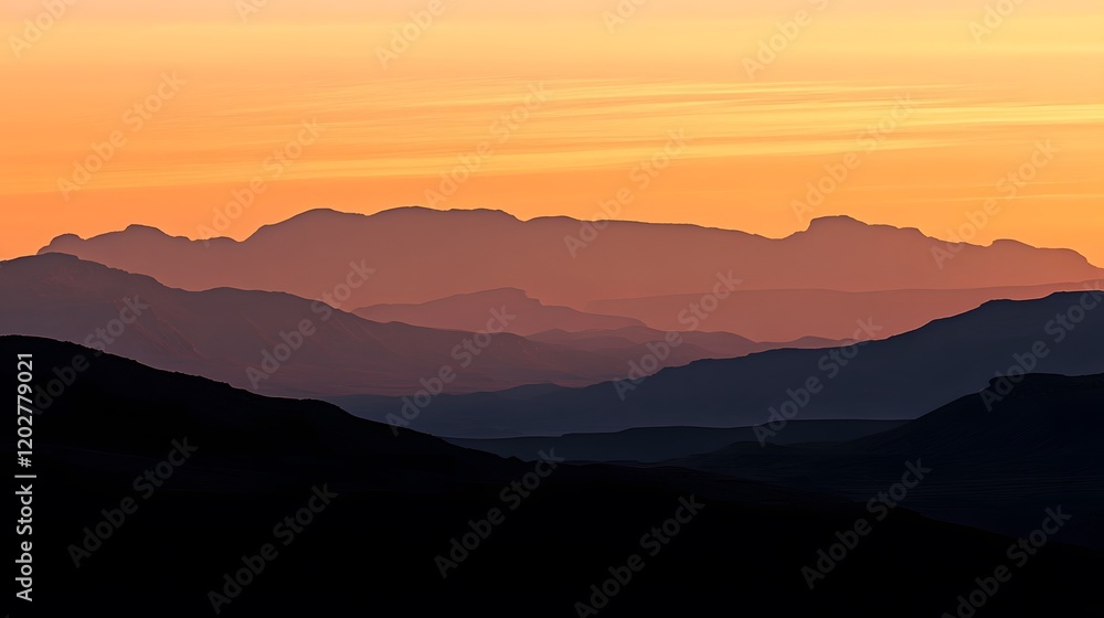 Fototapeta premium Silhouetted Mountains at Sunset Golden Hues