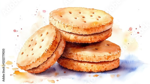 A stack of round, golden cookies with creamy filling, artistically illustrated.