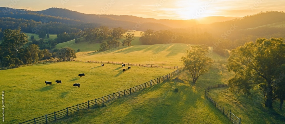 Obraz premium Golden Hour Cattle Ranch Panorama: Serene Sunset Over Rolling Hills and Grazing Cows