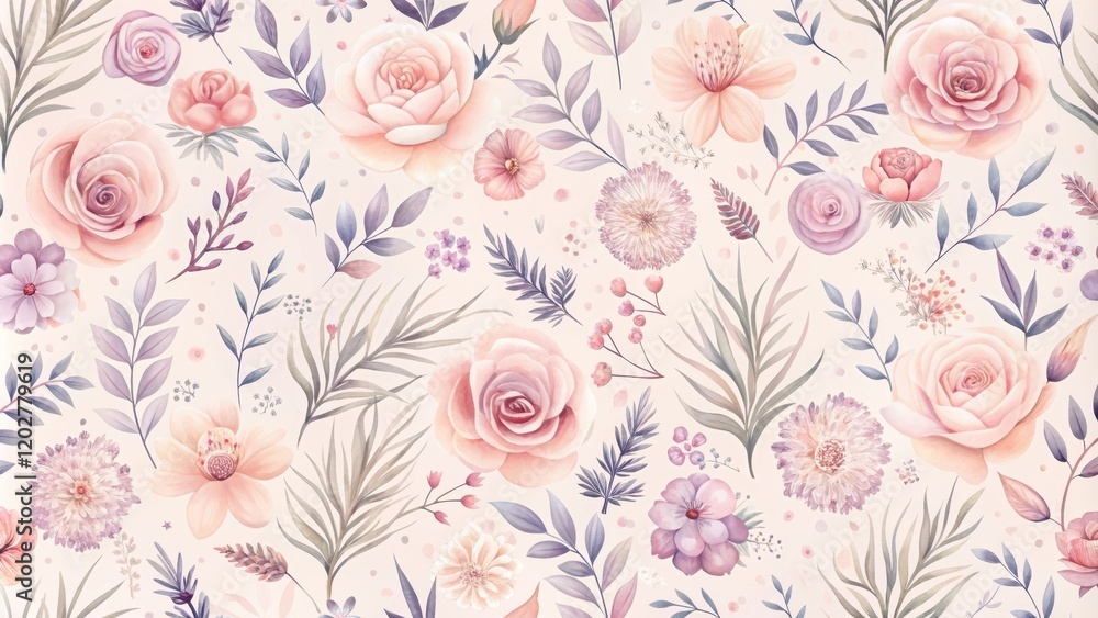 Fototapeta premium Pastel Floral Pattern Delicate Roses, Leaves, and Blossoms in a Seamless Design