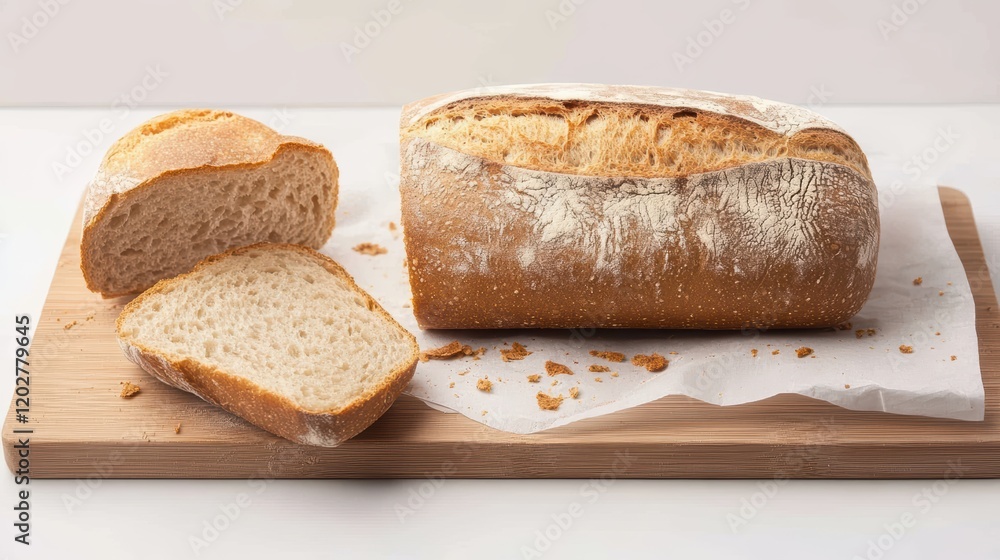 A fresh loaf of bread with slices arranged on a wooden cutting board, showcasing a crusty exterior and soft, airy interior. A fresh loaf of bread with slices arranged on a wooden cutting board, showcasing a crusty exterior and soft, airy interior.