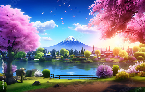 A beautiful sunset view with trees, flowers and a quiet lake reflecting the sky with Mt. Fuji as the backdrop. photo