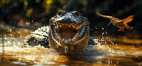 Alligator attacks bird in river, wildlife scene