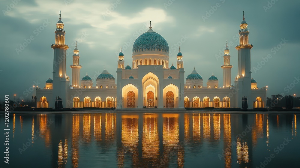 Obraz premium Illuminated Mosque Reflected in Tranquil Waters at Dusk