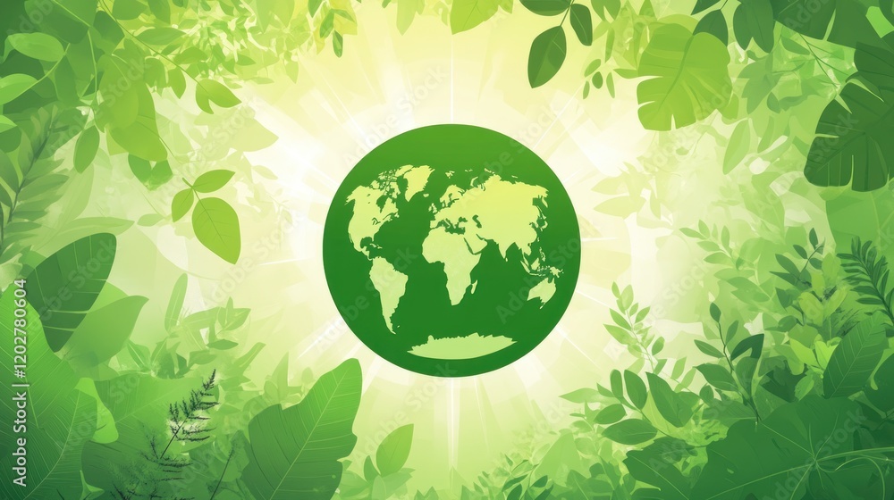 A green globe surrounded by lush foliage, symbolizing environmental awareness and sustainability. A green globe surrounded by lush foliage, symbolizing environmental awareness and sustainability.
