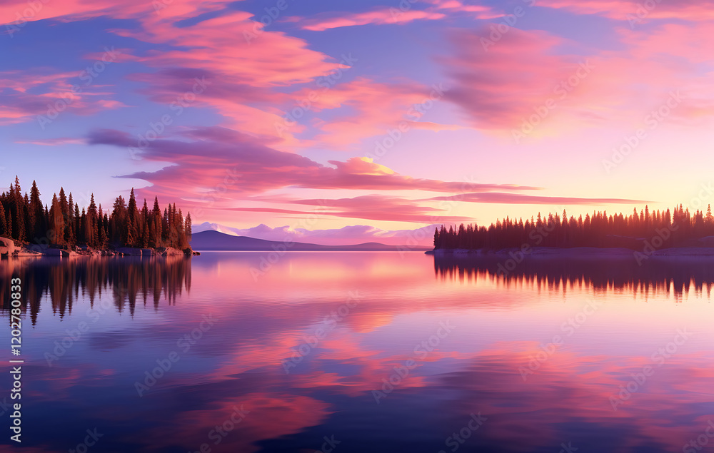 Fototapeta premium Sunset and sunrise in the misty mountains with clouds and fog over a tranquil valley and lake