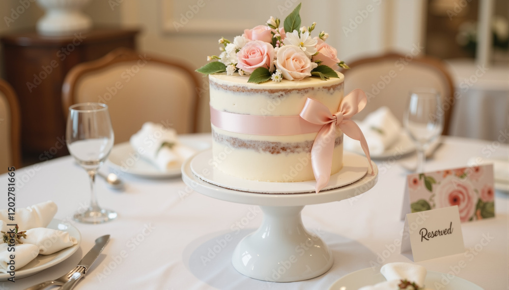 Elegant cake with flowers on reserved table setting Elegant cake with flowers on reserved table setting