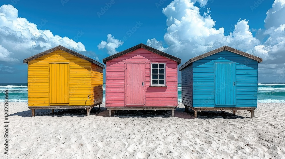 Naklejka premium Three Colorful Beach Huts Under a Cloudy Sky