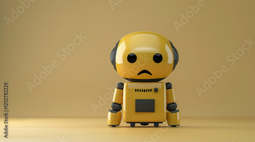 Closeup of a cute yellow robotic toy figurine with a sad facial expression and mechanical details sitting on a plain studio background  The image depicts a futuristic digital