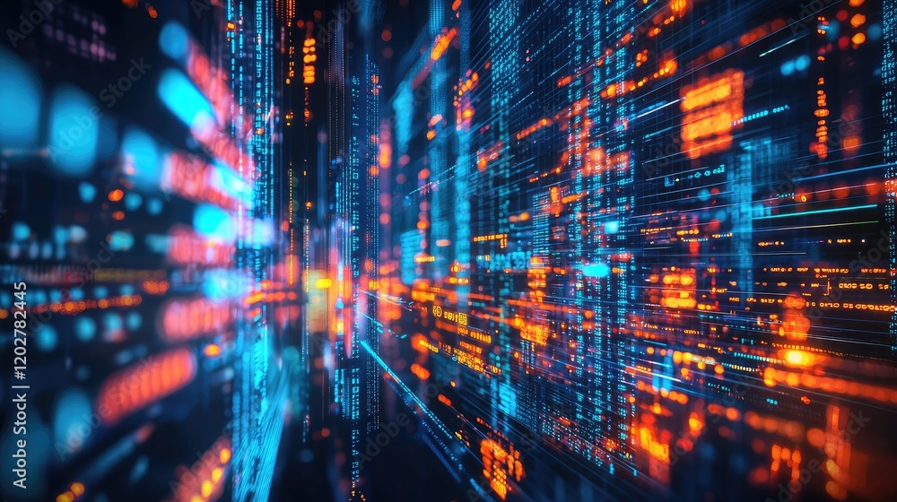 Fototapeta premium A captivating futuristic cityscape at night showcasing vibrant glowing lights amplified by digital data visualizations. Ideal for technology and urban themes.