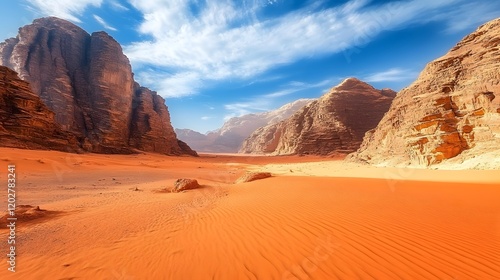 Majestic sandstone formations rise above orange desert sands under a blue sky photo