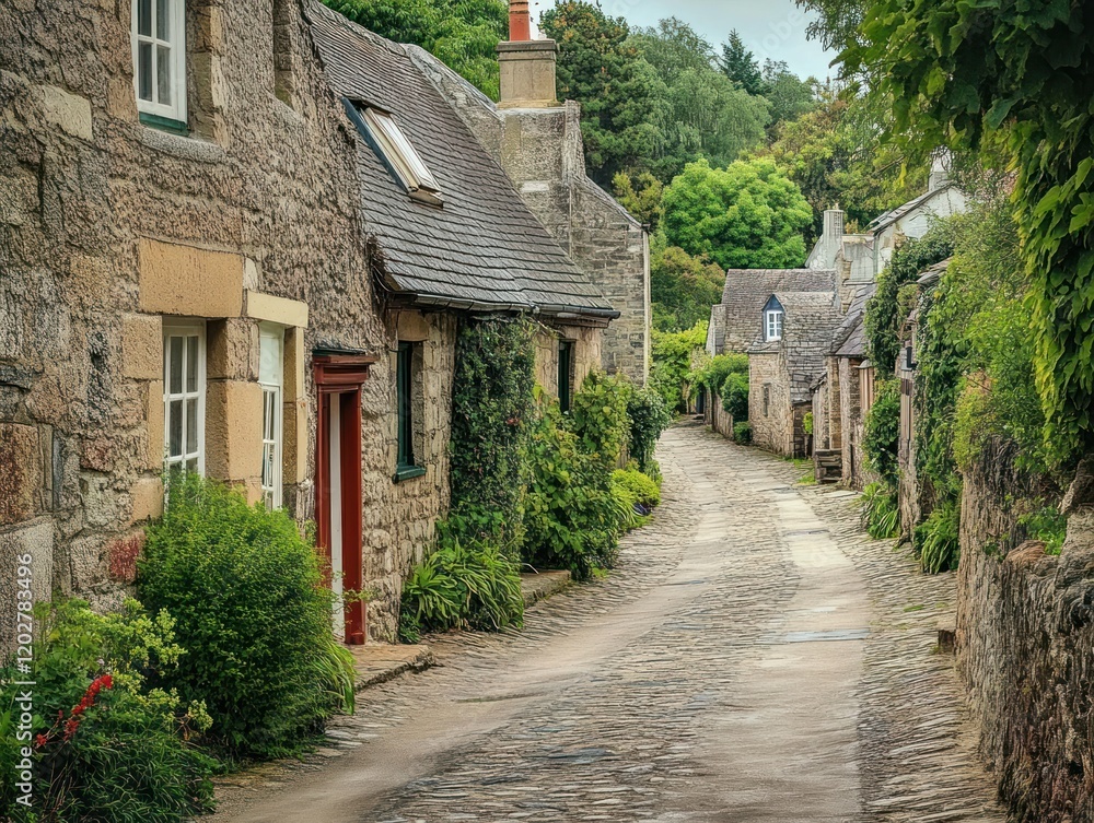 Idyllic Stone Village Street with Cobblestones and Lush Greenery in a Peaceful Setting Idyllic Stone Village Street with Cobblestones and Lush Greenery in a Peaceful Setting