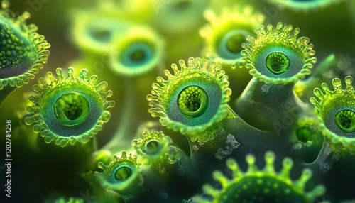 Closeup of vibrant green microscopic organisms, intricate and detailed photo