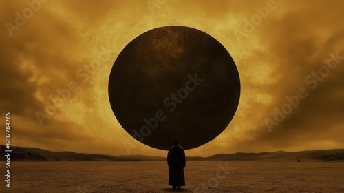 Mystical figure lifts monolithic sphere desert landscape cinematic art surreal sky dramatic perspective photo