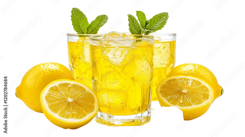 Refreshing Lemonade Glass with Ice Cubes and Mint Garnish Isolated on Transparent Background 