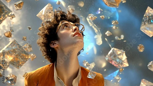 Unique portrait of a person gazing upwards amidst a surreal crystal landscape and vibrant colors