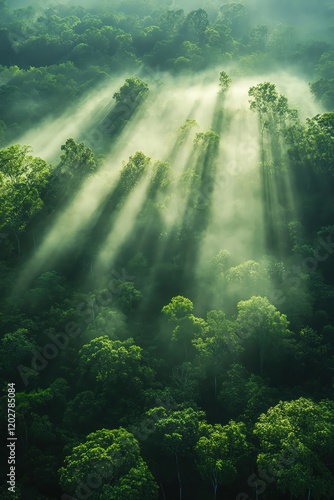 Misty rainforest with sun rays, aerial view, ethereal lighting, serene and green photo