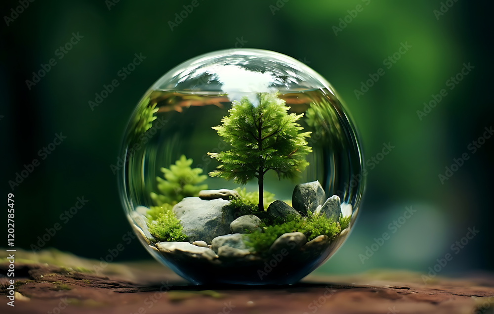 A sphere in the mirror that allows a clear view of the tree. A sphere in the mirror that allows a clear view of the tree.