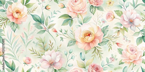 Delicate Watercolor Floral Pattern with Pastel Roses and Greenery for Textile and Wallpaper Designs
