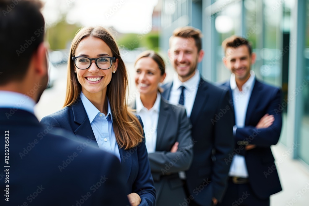 Professional Business Team Smiling Outdoors with Confidence in Formal Attire While Networking and Building Relationships in a Modern Urban Setting Professional Business Team Smiling Outdoors with Confidence in Formal Attire While Networking and Building Relationships in a Modern Urban Setting