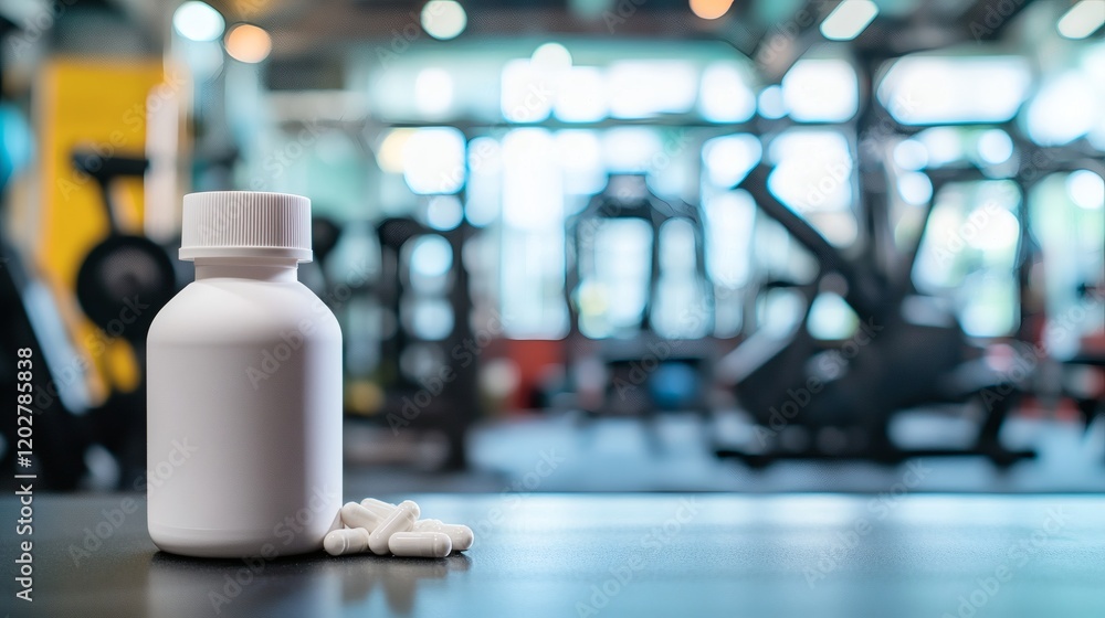 White Pill Bottle and Capsules in Modern Gym Setting White Pill Bottle and Capsules in Modern Gym Setting