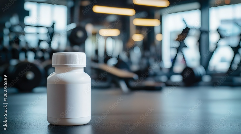 White Pill Bottle in Blurred Gym Background White Pill Bottle in Blurred Gym Background