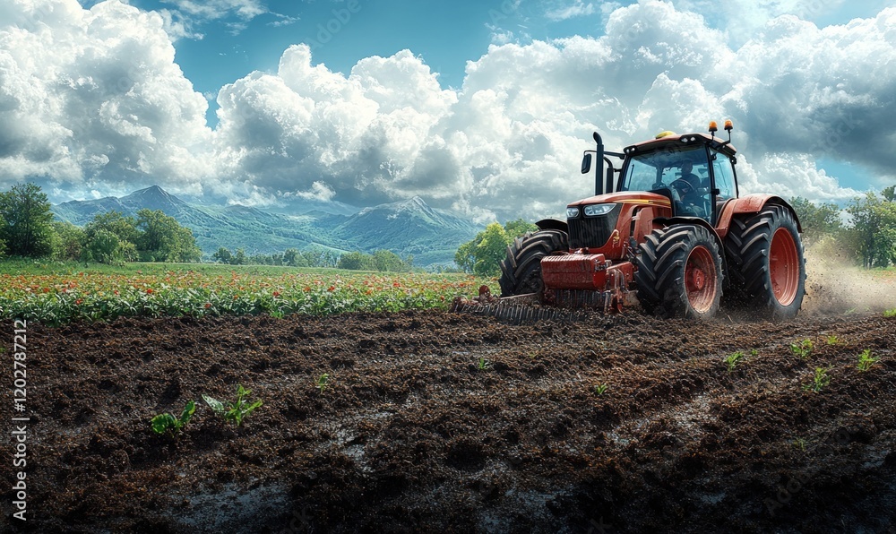 Red tractor plows fertile field, mountains backdrop. Red tractor plows fertile field, mountains backdrop.