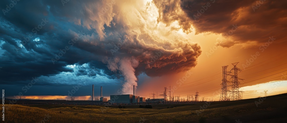 A dynamic storm scene captured above a high-tech power plant, showcasing technology and nature's power in a dramatic composition. A dynamic storm scene captured above a high-tech power plant, showcasing technology and nature's power in a dramatic composition.