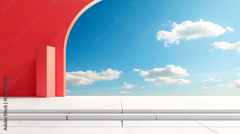 Fototapeta premium Bright red archway frames vibrant blue sky serene minimalist scene. AI Generated