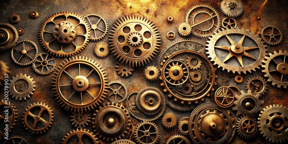 Intricate Gearwork A Complex Arrangement of Ornate Brass Cogs and Wheels on a Rustic Metallic Surface Intricate Gearwork A Complex Arrangement of Ornate Brass Cogs and Wheels on a Rustic Metallic Surface