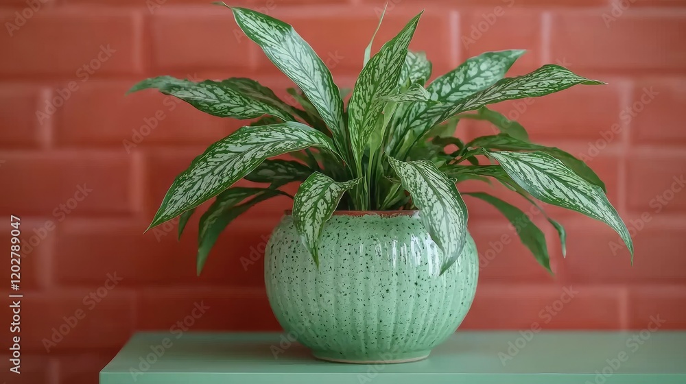 Fototapeta premium Aglaonema plant in a green ceramic pot against a red brick wall