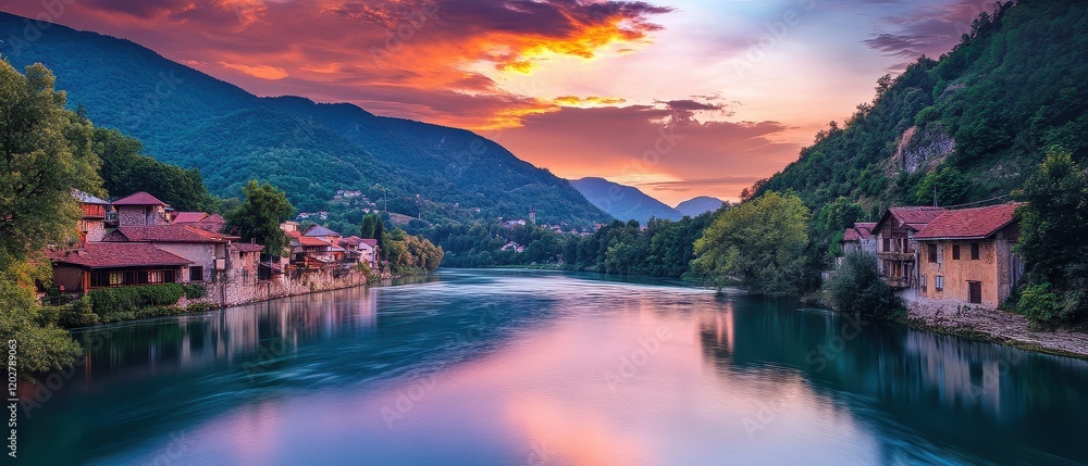 Fototapeta premium A serene riverside village scene powered by hydroelectric energy, showcasing nature and tranquility in a picturesque setting.