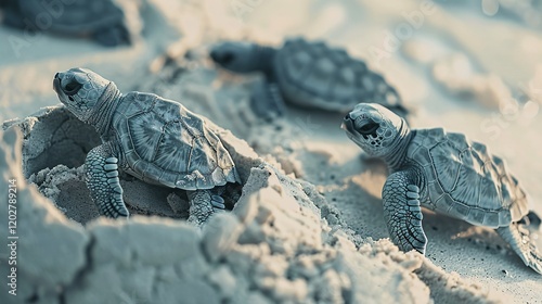 Baby turtles emerging from cracked eggs on the beach photo