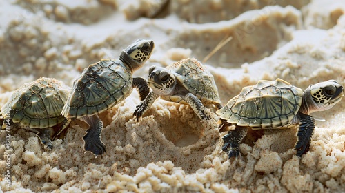 Group of tiny turtles breaking out of cracked eggs in the sand photo