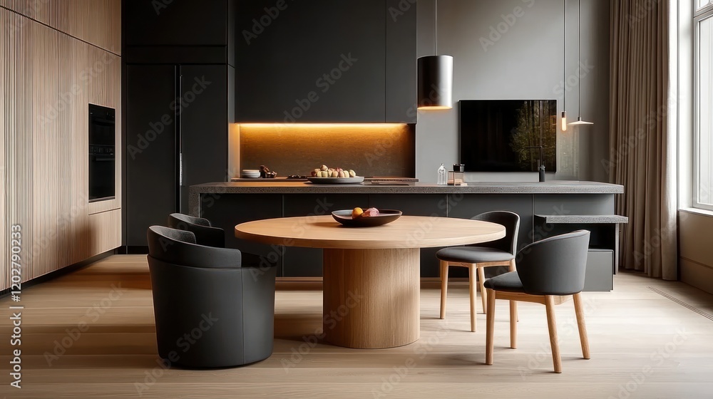 Scandinavian Rustic Dining Room with Wooden Round Table and Grey Barrel Chairs for Modern Living Space Scandinavian Rustic Dining Room with Wooden Round Table and Grey Barrel Chairs for Modern Living Space