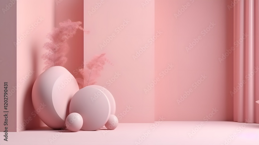 Fototapeta premium Abstract action in minimalist pink room modern design soft textures calm setting artistic viewpoint