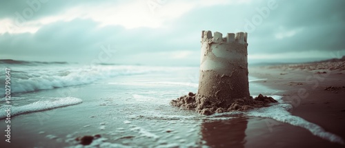 A solitary sandcastle stands firm against the waves on a desolate beach, symbolizing transient beauty and childhood nostalgia under a moody sky. #1202790647