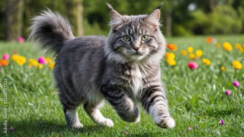 Blue maine coon cat in flower field Blue maine coon cat in flower field