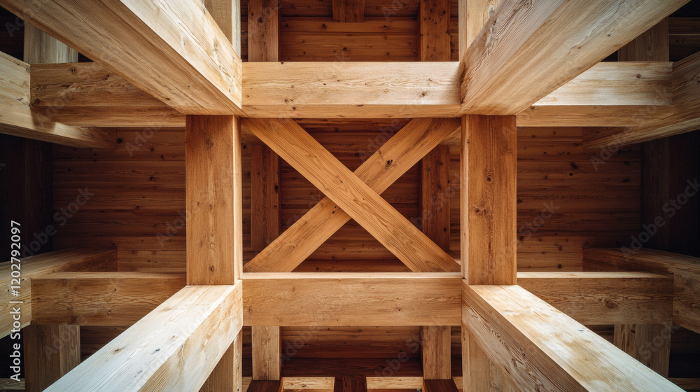 Detailed view of wooden beams in a construction framework, highlighting structural integrity and craftsmanship in building construction.
Detailed view of wooden beams in a construction framework, highlighting structural integrity and craftsmanship in building construction.