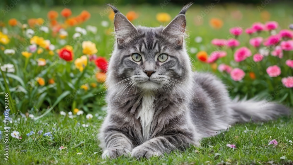 Fototapeta premium Blue maine coon cat in flower field