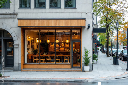 Corner cafe exterior with large window display, wooden facade, bar counter seating. Empty restaurant storefront on urban street with autumn tree, evening lighting atmosphere.