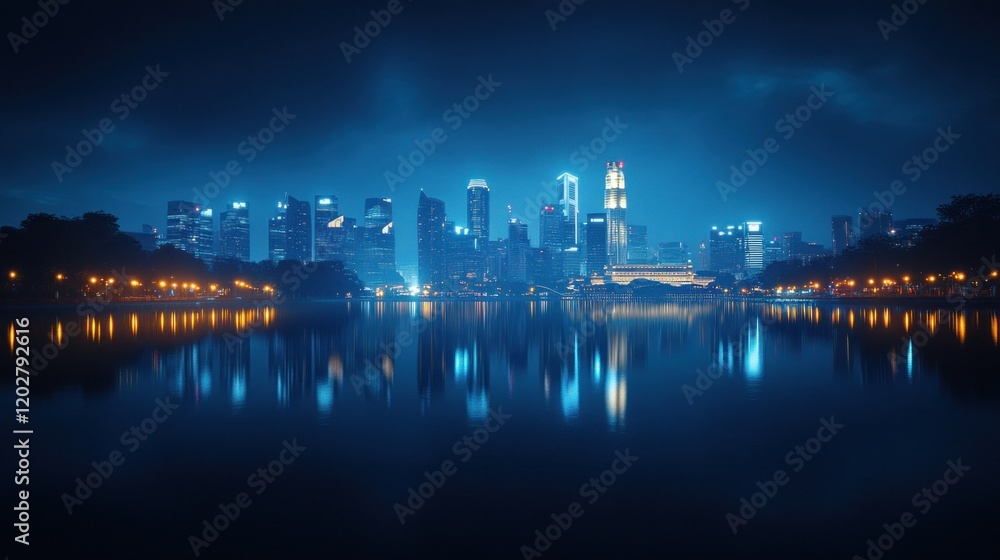 Fototapeta premium Night cityscape reflected in calm water.