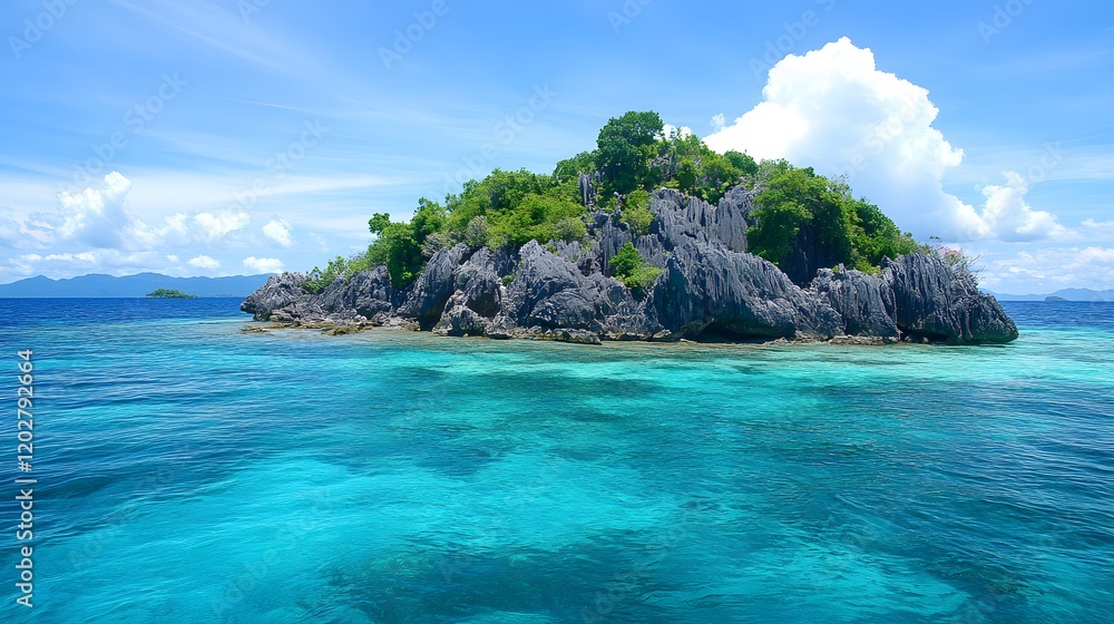 Naklejka premium Tropical Island Rocks and Lush Greenery in Turquoise Waters