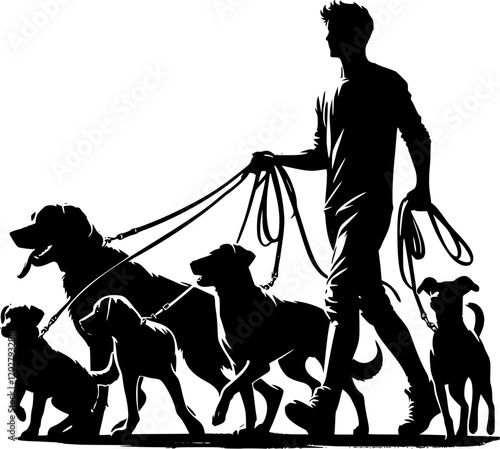 Male dog walker sitter walking with group of pets silhouette vector graphic. EPS 10 version.