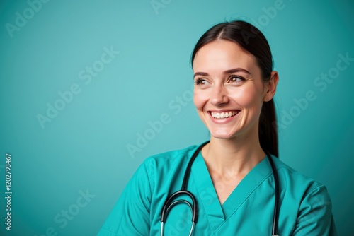 Smiling Female Healthcare Professional in Scrubs with Stethoscope Against a Turquoise Background, Representing Modern Medicine and Compassionate Care photo