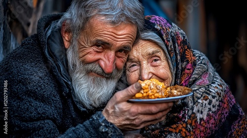 Elderly couple sharing a meal, showing love and togetherness despite poverty.