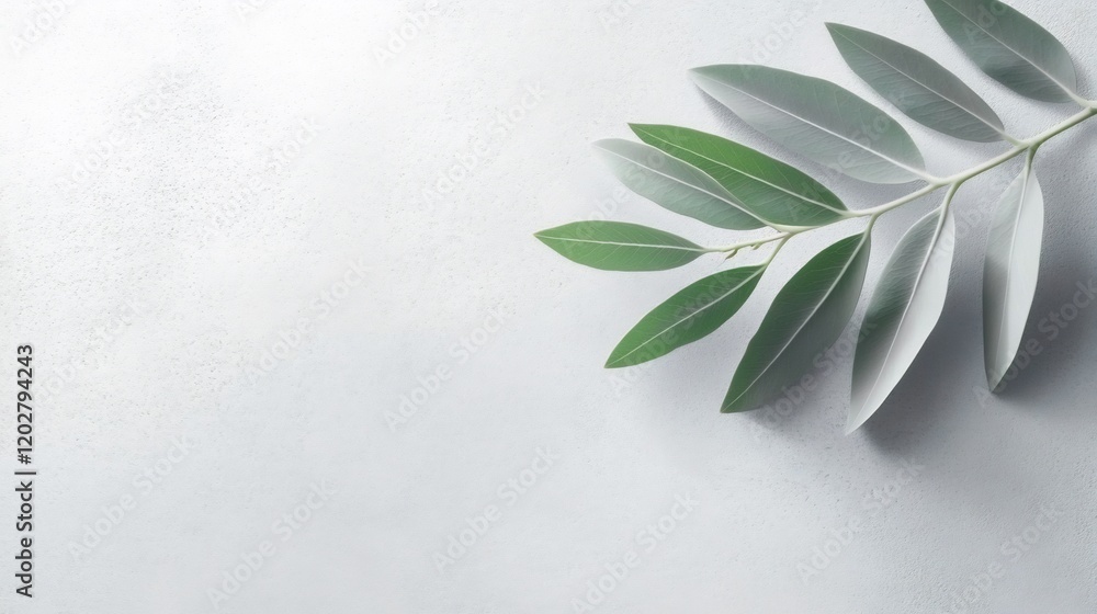 Serene silver-green leaves elegantly arranged on a soft gray background. AI Generated Serene silver-green leaves elegantly arranged on a soft gray background. AI Generated