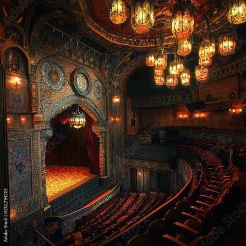 Vintage Theatre Ambiance: A glimpse into a bygone era, this photo captures the ornate interior of an old theatre, with its ornate details, plush red velvet seats, and stage lights. photo