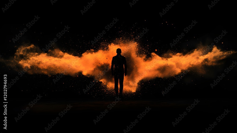 Fototapeta premium Silhouette Person Amidst Orange Powder Explosion